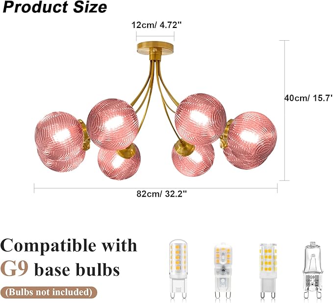 8-Light Sputnik Pink Chandelier Vintage Flush Mount Ceiling Light with Globe Glass Pendant Lights Gold Chandeliers for Dining Room Bedroom Living Room