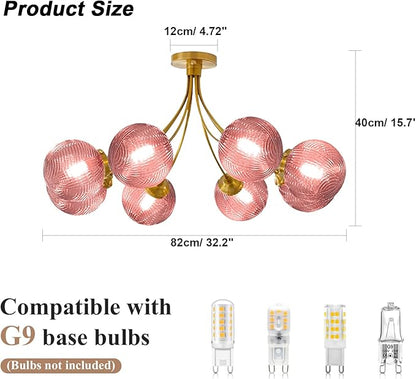 8-Light Sputnik Pink Chandelier Vintage Flush Mount Ceiling Light with Globe Glass Pendant Lights Gold Chandeliers for Dining Room Bedroom Living Room