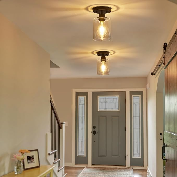 YYT Black Hallway Light Fixtures Ceiling 1-Light Semi Flush Mount Ceiling Light Small Kitchen Cieling Lights Black Hallway Light Fixtures Single Light Fixture with Clear Glass Shade Set of 2