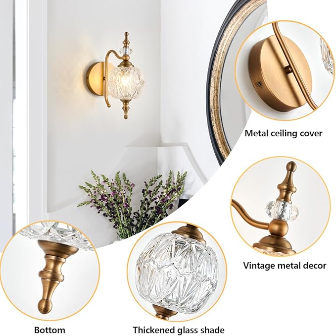 Vintage Bathroom Wall Sconces, 1-Light Wall Light Fixtures with Crystal Glass Shade Retro Bathroom Vanity Light Fixtures for Bedroom Living Room Farmhouse Dinning Room