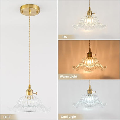 Vintage Pendant Lights Kitchen Island 3 Pack, Adjustable Pendant Light Fixtures with Transparent Lily Glass Lampshade, Gold Kitchen Pendant Lighting Over Island, Pendant Light for Dining Room Hallway