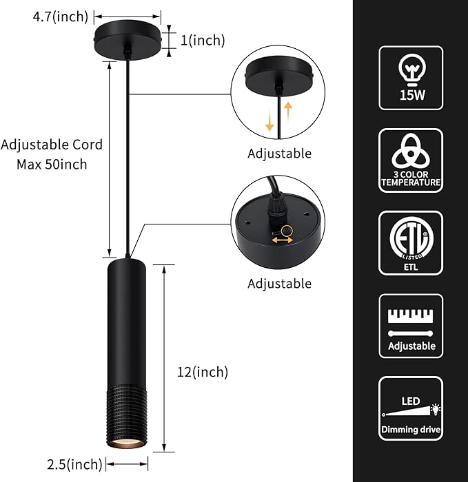 OKELI Black Pendant Light,LED Modern Pendant Lights Fixtures,3 Color Pendant Lighting for Kitchen Island,Bar,15W,2700K-6000K,ETL,3Pack