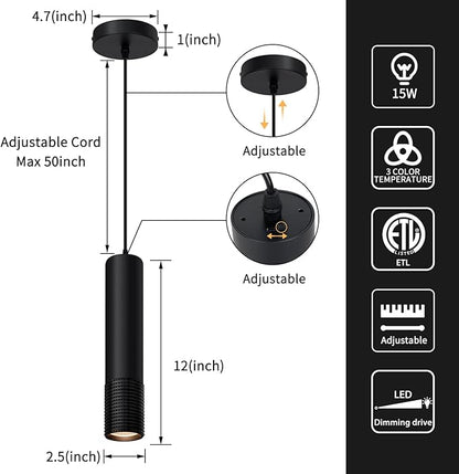 OKELI Black Pendant Light,LED Modern Pendant Lights Fixtures,3 Color Pendant Lighting for Kitchen Island,Bar,15W,2700K-6000K,ETL,3Pack