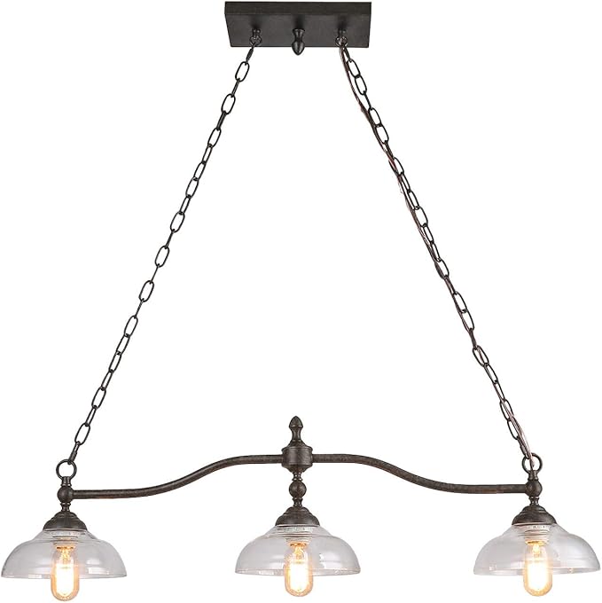 LOG BARN Dining Room Light Fixture Hanging, Farmhouse Chandelier in Rustic Black Metal with Clear Glass Shades, Adjustable Chains, Pendant for Kitchen Island