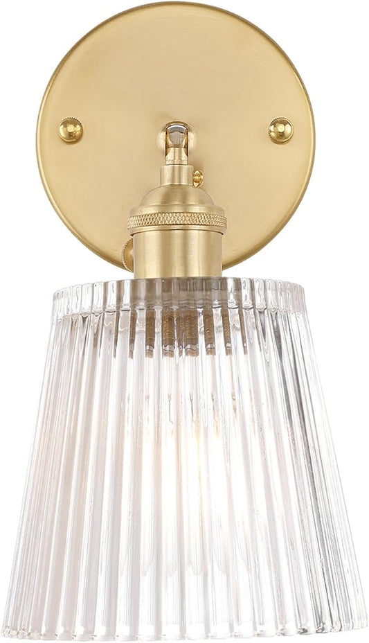 Shenmoyl Vintage Wall Sconces with Transparent Stripe Glass Lampshade 180 Degree Adjustable Brass Sconces Hradwired Modern Wall Lighting Fixture with Switch for Bedside Bedroom Doorway