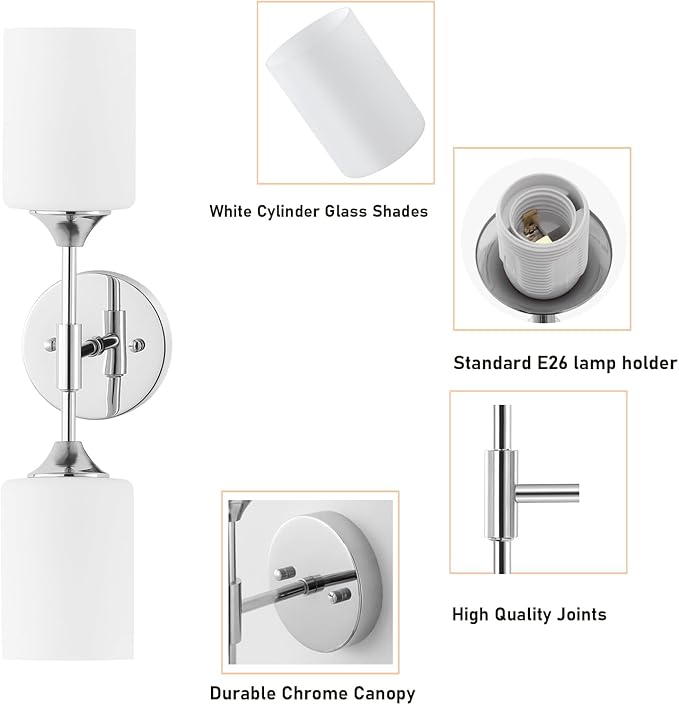 BYOLIIMA 2-Lights Modern Wall Sconce White Cylinder Glass Shades Mid Century Bathroom Vanity Wall Light Fixtures Industrial Wall Lamp for Bedroom Mirror Living Room Restaurant(Chrome Color)