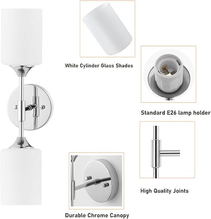 BYOLIIMA 2-Lights Modern Wall Sconce White Cylinder Glass Shades Mid Century Bathroom Vanity Wall Light Fixtures Industrial Wall Lamp for Bedroom Mirror Living Room Restaurant(Chrome Color)
