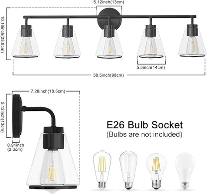 Bathroom Vanity Light 5 Light, Modern Vanity Lighting Fixture for Bathroom, 38.5" Vanity Lights with Clear Glass Shade, Black Bath-Room Wall Light Over Mirror, Wall Sconces for Bath