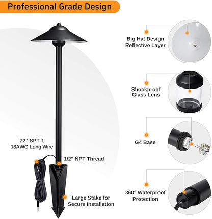 Gardenreet Low Voltage Landscape Light Brass (9" Shade, 23.5" Tall) - 12v Pathway LED Lights Waterproof, Hardwired Path Lighting Outdoor, Black for Exterior Patio Garden Without G4 Bulb (4 Pack)