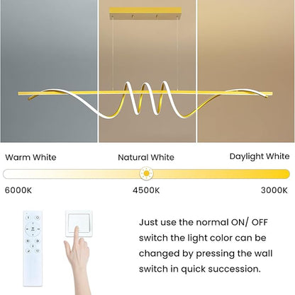 Modern Design Dimmable Desk Linear Pendant Light, with Remote Control Dimmable 3 Color Mode & Brightness Ceiling Lamp, Anti-Flicker Dining Light Fixture for Kitchen, Dining Room (Gold, 57IN)