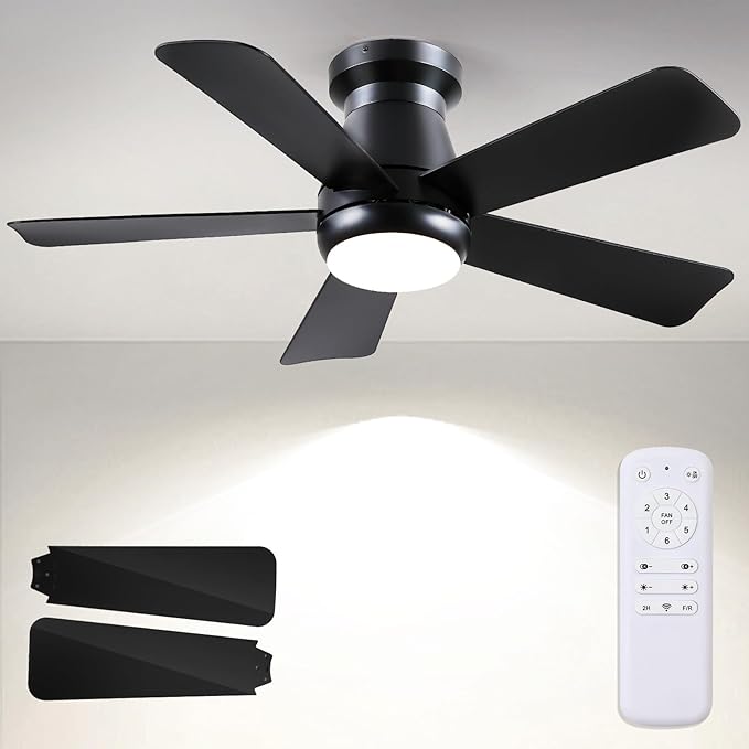 Ceiling Fan with Light, 40" Black Flush Mount Ceiling Fans with Remote Control,3CCT Dimmable LED, ABS 5-Fan Blades,Reversible Motor,Quiet Low Profile Indoor fandeliers for Bedroom Living Room