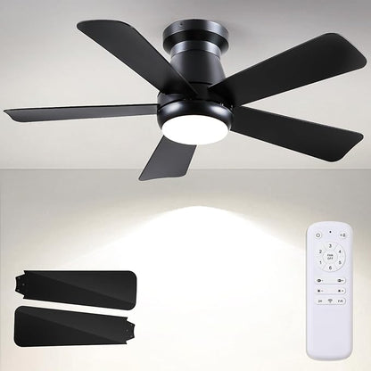 Ceiling Fan with Light, 40" Black Flush Mount Ceiling Fans with Remote Control,3CCT Dimmable LED, ABS 5-Fan Blades,Reversible Motor,Quiet Low Profile Indoor fandeliers for Bedroom Living Room