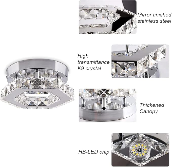 Dimmable Crystal Chandelier Mini LED Flush Mount Ceiling Light Fixture Modern Chandelier Lighting Lamp for Bedrooms Hallway Living Room Dining Room Kitchen Bar