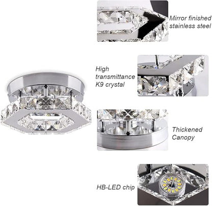 Dimmable Crystal Chandelier Mini LED Flush Mount Ceiling Light Fixture Modern Chandelier Lighting Lamp for Bedrooms Hallway Living Room Dining Room Kitchen Bar