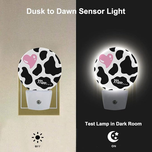 Cow Nightlight Black Cow Print with Cute Pink Heart LED Dusk to Dawn Plug-in Nightlight Auto Sensor for Bedroom Bathroom Hallway Living Room