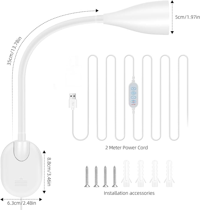 LiFMIRA Wall-Mounted LED Bedside Reading Light with USB Charging Port, 10-Level Dimmable & Adjustable 5 Color, Plug-in Adhesive Night Lamp for Books in Bed, Eye-Caring Bedroom Lighting (White 2 Pack)