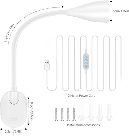 LiFMIRA Wall-Mounted LED Bedside Reading Light with USB Charging Port, 10-Level Dimmable & Adjustable 5 Color, Plug-in Adhesive Night Lamp for Books in Bed, Eye-Caring Bedroom Lighting (White 2 Pack)