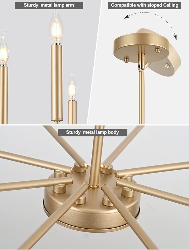 Yiisem Modern Farmhouse Gold Chandelier, 8-Light Rustic Candle Chandelier, Industrial Hanging Chandeliers for Dining Room, Kitchen, Foyer, Entryway, Living Room
