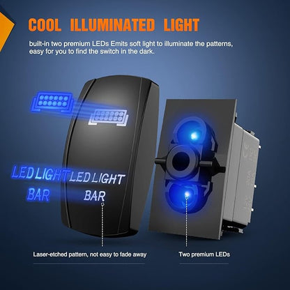 Nilight 2 Pack Led Pod Lights Rocker Switch Light Bar 5 Pin Laser On Off SPST Switches 20A/12V 10A/24V Blue with Jumper Wires Set for Cars Trucks RVs