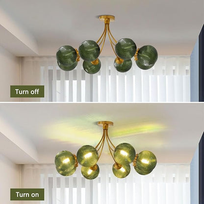 8-Light Flush Mount Light Vintage Gold Sputnik Chandelier Light Fixtures Ceiling Mount Green Round Glass Globe Shade, Semi Flush Mount Ceiling Light for Living Room Kitchen