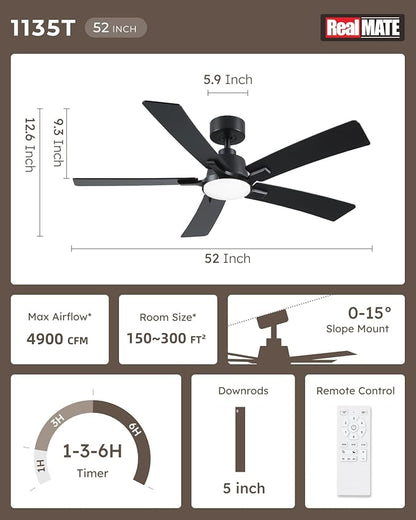 52 Inch Ceiling Fans with Lights and Remote, Black Ceiling Fan, Downrod Style with 5 Blades, Modern Design For Indoor Bedroom Living Room/Outdoor, 6 Speed Reversible DC Motor, 3CCT Dimmable LED