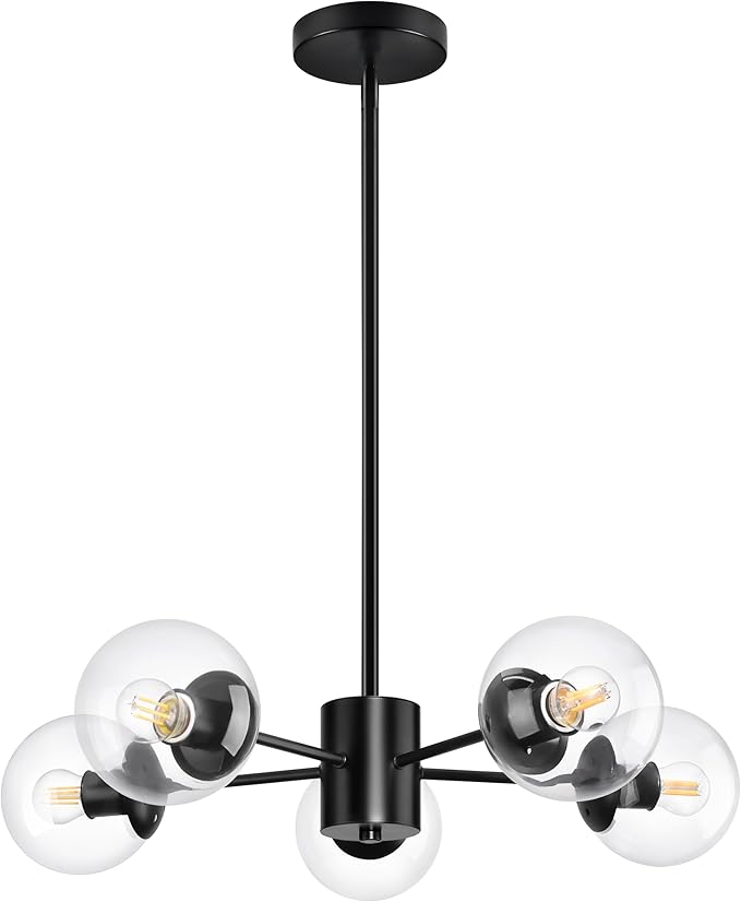 Bagood 5-Light Globe Sputnik Chandelier Black Mid Century Sputnik Chandeliers Dimmable Globe Pendant Light Matte Black Finished with Clear Glass Lampshade Chandeliers for Dining Room