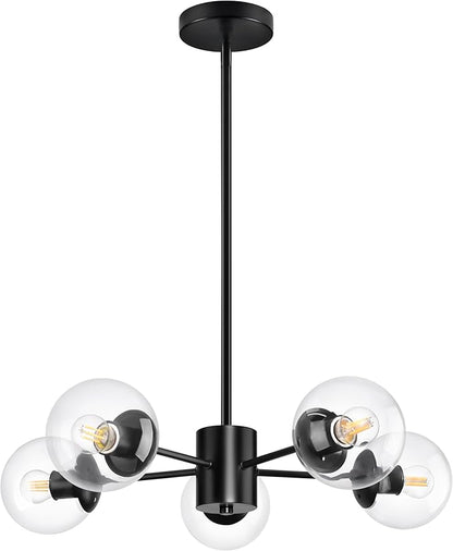 Bagood 5-Light Globe Sputnik Chandelier Black Mid Century Sputnik Chandeliers Dimmable Globe Pendant Light Matte Black Finished with Clear Glass Lampshade Chandeliers for Dining Room