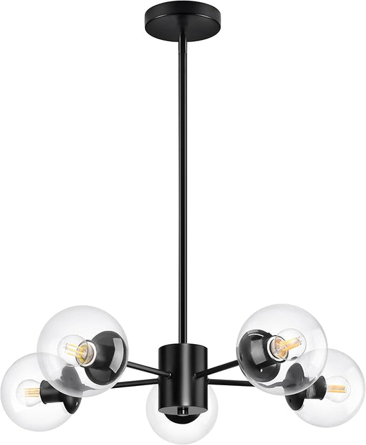 Bagood 5-Light Globe Sputnik Chandelier Black Mid Century Sputnik Chandeliers Dimmable Globe Pendant Light Matte Black Finished with Clear Glass Lampshade Chandeliers for Dining Room