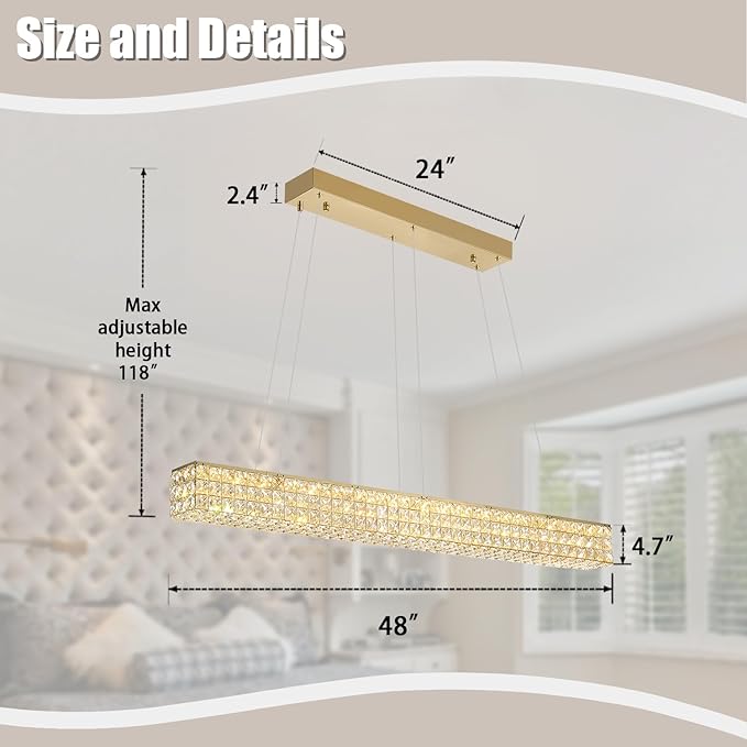 ykolupty W48 Rectangular Gold Crystal Chandelier Modern Rectangle Pendant Ceiling Light Fixture for Living Room Dining Room Kitchen Island Bar