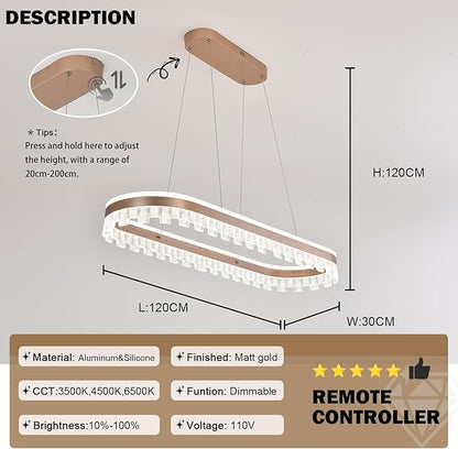Modern Chandelier for Dining Room,Gold Led Crystal Chandelier Light Fixture Dimmable Pendant Light for Kitchen Island Lighting 3000K-6500K with Remote