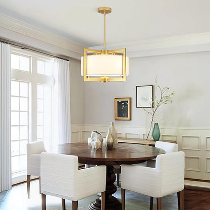 4-Light Modern Chandelier for Dining Room, 18'' Drum Pendant Light Fixture Chandelier with Fabric Shade, Farmhouse Chandeliers Hanging Lighting Fixtures for Foyer Entryway Living Room, Gold