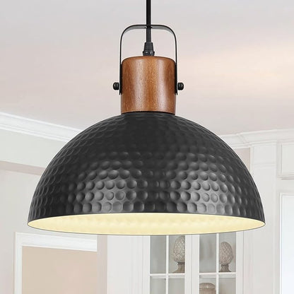 Black Pendant Light, 11.8" Hammered Metal Ceiling Hanging Light Fixture,Solid Wood Dome Pendant Lighting,Modern Industrial Chandelier for Kitchen Island, Dining Table, Restaurant, Farmhouse, Hallway