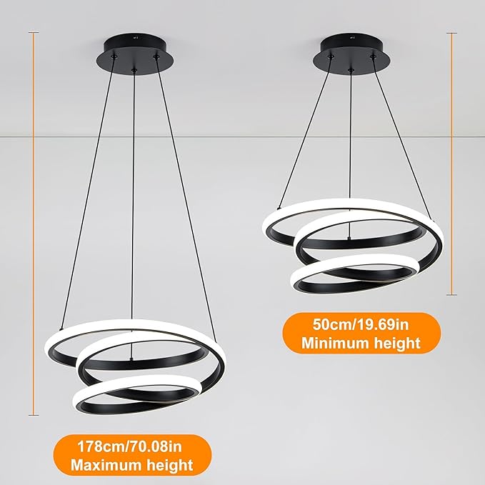 Mayful Modern Chandelier with Remote Control, 3-Color Dimmable LED Pendant Light Fixtures, Height Adjustable Kitchen Island Lighting for Dining Room,Bedroom,Living Room,Foyer,Office Black 13.78 inches