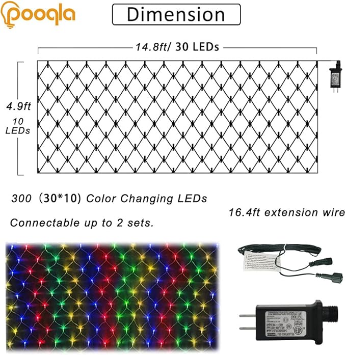 Pooqla Christmas Net Lights, 300LED Outdoor Mesh Light 14.8x4.9 ft Fairy String Mesh Light 8 Modes Green Wire, Connectable Waterproof for Bushes Tree Garden Christmas Decor, Colorful