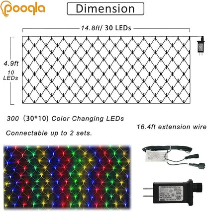 Pooqla Christmas Net Lights, 300LED Outdoor Mesh Light 14.8x4.9 ft Fairy String Mesh Light 8 Modes Green Wire, Connectable Waterproof for Bushes Tree Garden Christmas Decor, Colorful