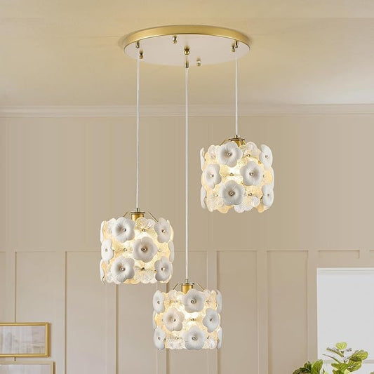 3-Lights Flower Glass Chandelier Modern Gold Cluster Pendant Light Fixture Adjustable Elegant Pendant Lighting for Dinning Room Bedroom Kitchen Island Hallway Entryway