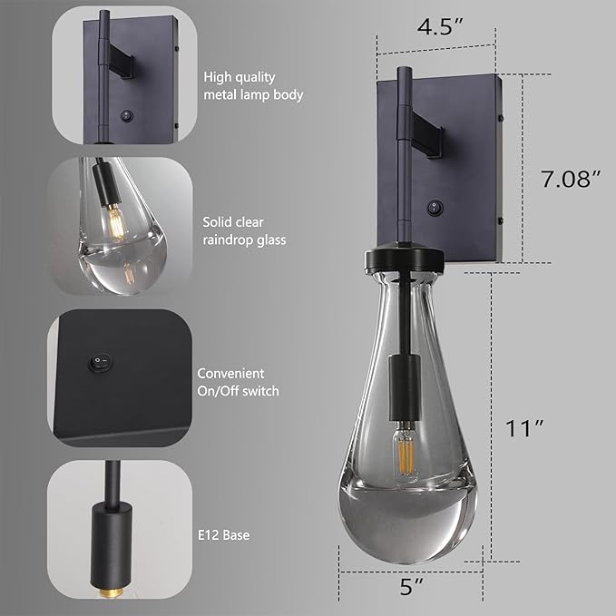 HuisMier Black Wall Sconces, Raindrop Sconces Wall Lighting with On/Off Switch Button, Modern Clear Glass Vanity Light Fixtures Raindrop Wall Sconce for Bathroom Bedroom Living Room Hallway