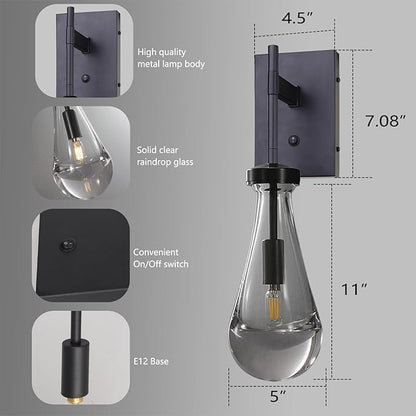 HuisMier Black Wall Sconces, Raindrop Sconces Wall Lighting with On/Off Switch Button, Modern Clear Glass Vanity Light Fixtures Raindrop Wall Sconce for Bathroom Bedroom Living Room Hallway
