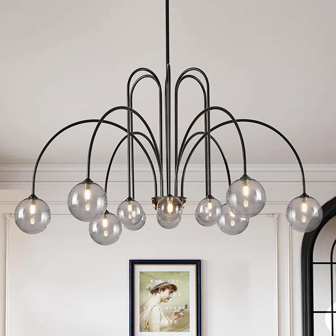 CATINER Modern Black Chandelier 12 Lights Sputnik Chandelier Large L52” Mid Century Ceiling Pendant Light Fixtures with Smoke Glass Globe Shades for High Ceiling Living Dining Room Foyer Staircase
