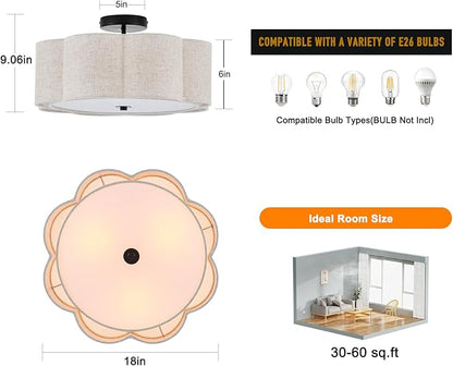 Semi Flush Mount Ceiling Light, Beige Linen Fabric Shade Ceiling Light, Black Modern Farmhouse Close to Ceiling Light for Bedroom, Hallway, Living Room, Dining Room, Laundry Room