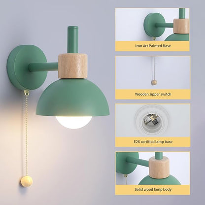Pull Chain Wall Lights for Bedroom Modern Bathroom Wall Sconce Light with Switch E26 Socket Bedside Wall Lamps for Living Room Vintage Wall Light Fixtures for Hallway Porch Vanity Green