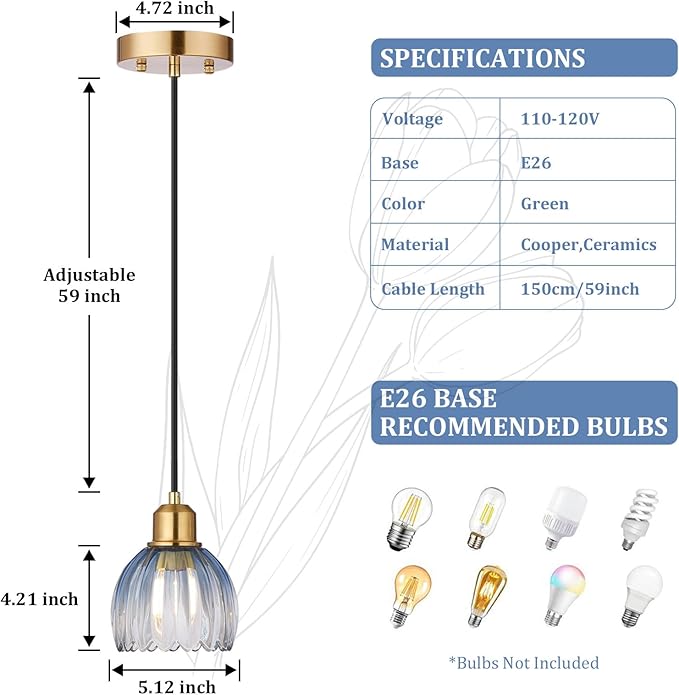 TALOYA Pendant Light with Blue Tulip Glass Lampshade, Brass Vintage Pendant Light Adjustable Hanging Light for Kitchen Island Bedroom Dining Room Hallway& Bar