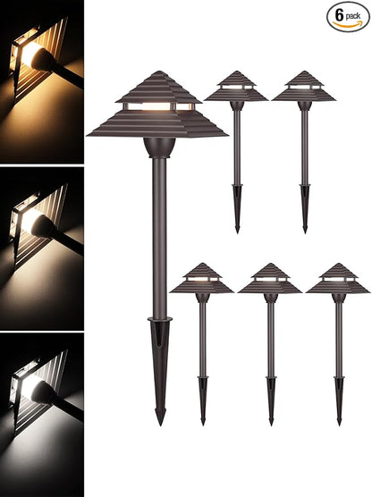 LEONLITE 3CCT Low Voltage Pathway Lights, LED Landscape Path Lights, 3000K/4000K/5000K, 2-Tier Pagoda Head, 12-15V AC/12-24V DC, IP65 Outdoor Walkway Light, Bronze Aluminum Housing, Pack of 6