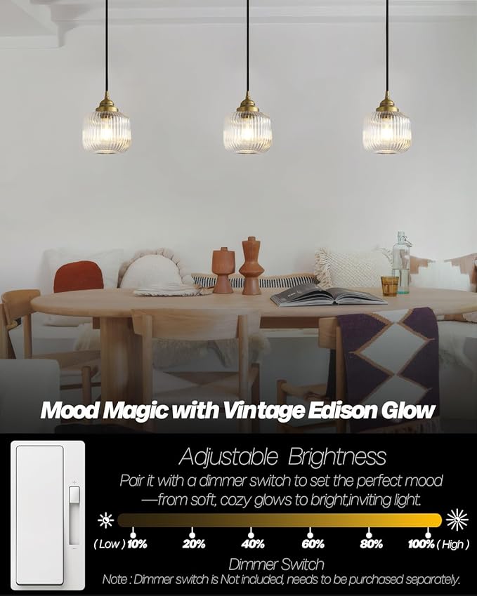 Vintage Ceiling Pendant Light with Clear Ribbed Glass Lampshade, Industrial Globe Hanging Light Fixture for Kitchen Island Hallway Dining Room Stairway