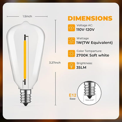 GvvooHome 24 Pack LED ST38 Replacement Bulbs, 1 Watt E12 LED Bulb 2700K Warm White, Vintage Dimmable Shatterproof Bulbs for Indoor Outdoor Patio Garden String Lights, Dimmable