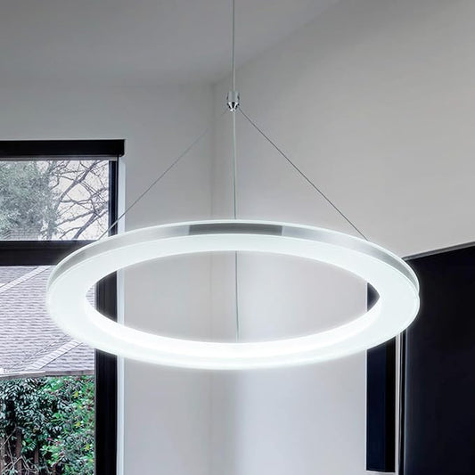 CHYING LED Pendant Lights Kitchen Island, 15.8" 18W Cool White Modern Ring Chandelier, Adjustable Height Silver Hanging Pendant Ceiling Light for Dining Room Bedroom Hallway Entryway, 3000K