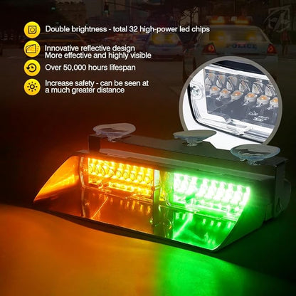 Xprite 2×11 inch High Intensity Amber Green 32 LED Emergency Strobe Dash Lights, Interior Windshield Flashing Light w/Suction Cups for Postal Law Enforcement Volunteer POV Vehicles Trucks