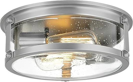 Flush Mount Ceiling Light, 2-Light Metal Cage Ceiling Light Fixture, Brushed Nickel Flush Mount Light with Seeded Glass Shade for Kitchen, Hallway, Bedroom (12 Inch)