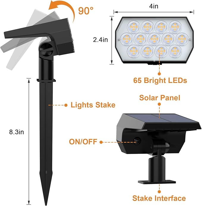 WELALO Solar Spot Lights Outdoor, [6 Pack/65 LED/3 Modes] Solar Landscape Spotlights, Solar Powered Security Lights, IP68 Waterproof Wall Lights for Outsides Walkway Yard Garden Driveway(Warm White)