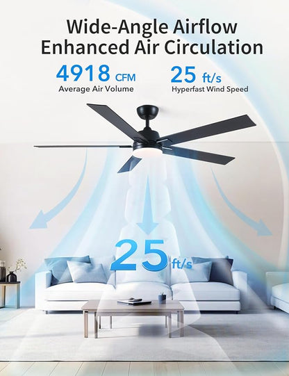 Rayqueen 60 Inch Ceiling Fans with Lights and Remote, 6 Speed Reversible DC Motor, 3CCT Dimmable LED, Black Modern Ceiling Fan for Bedroom, Living room & Covered Outdoor,Includes Downrod
